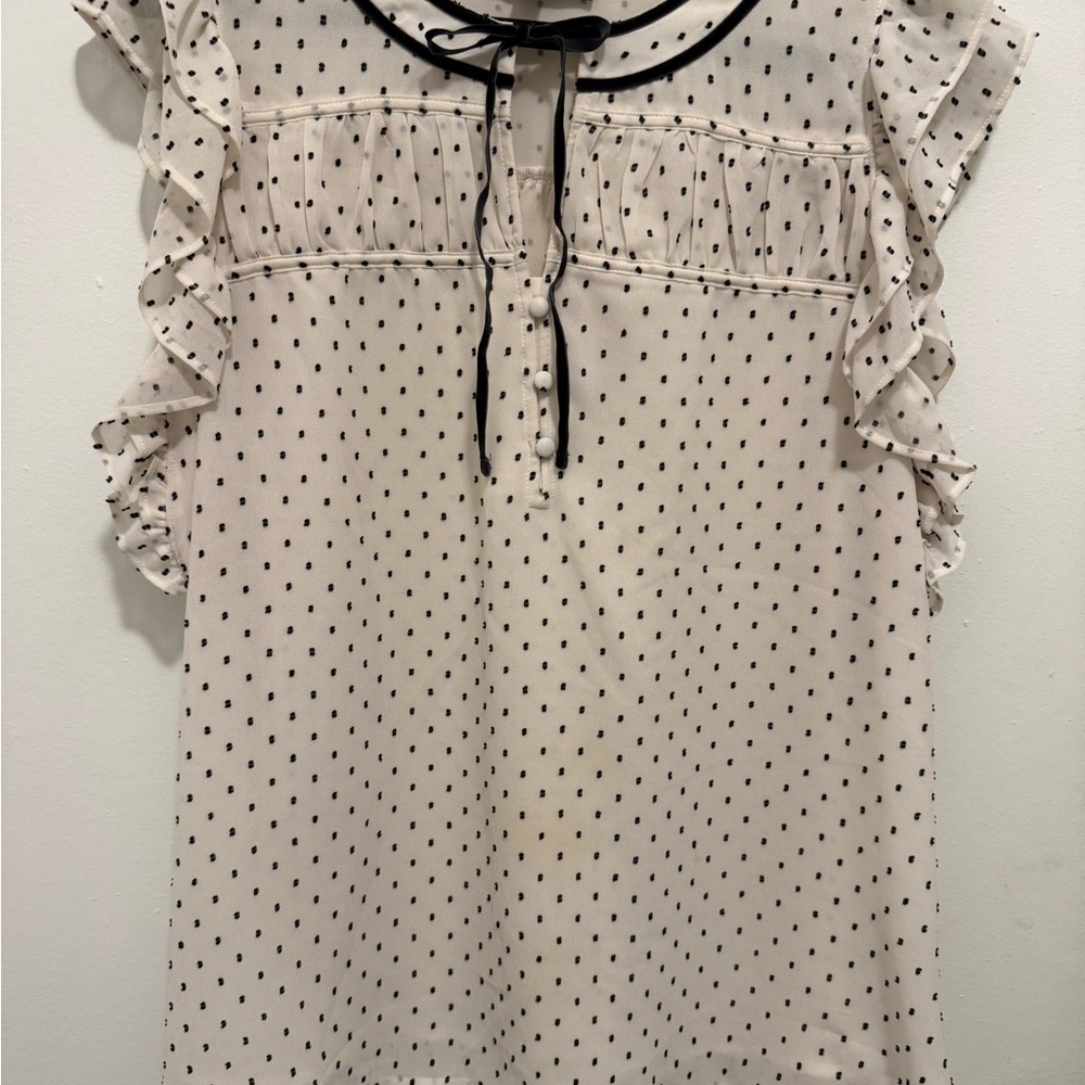 LOFT Cream Blouse with Black Polka Dots and Ruffle Sleeves